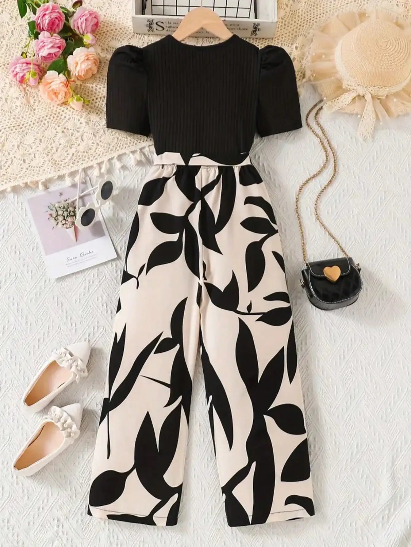 Girls' solid color waist tied bow top, loose wide leg pants for summer vacation, suitable for outdoor wear