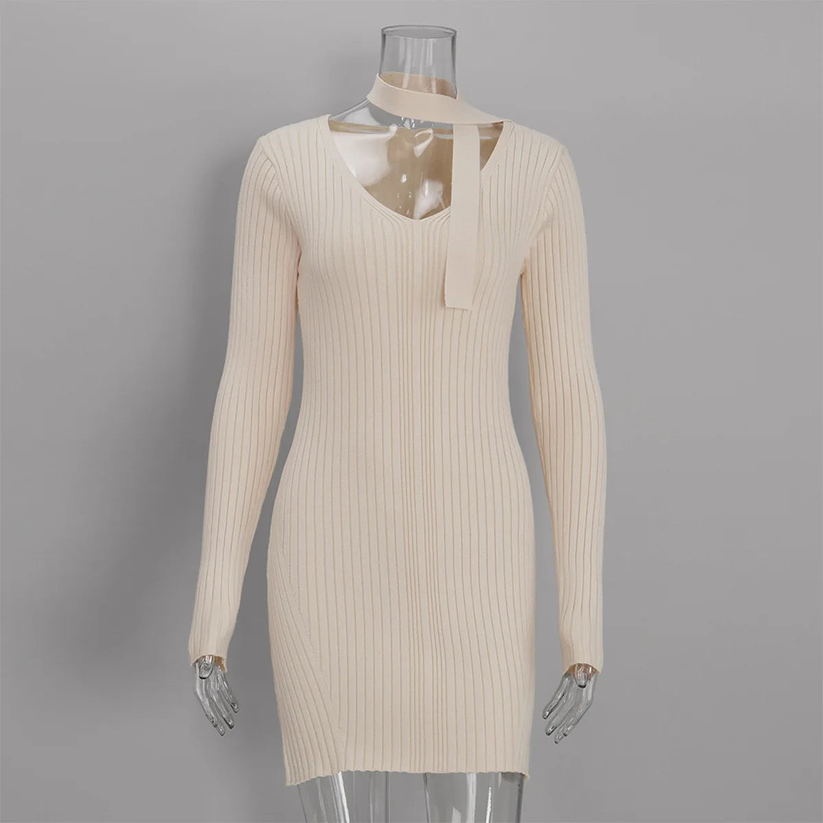 Dress with New Ribbed Mini Detachable Neck Scarf Design for Women's Elegant Outdoor Short Skirt