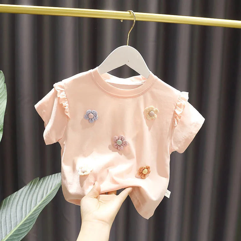 Children Summer Clothes Baby Girl Tops Short Sleeve Round Neck T-Shirt Breathable Cute Design Sweet 3D Flowers Trendy T-shirt