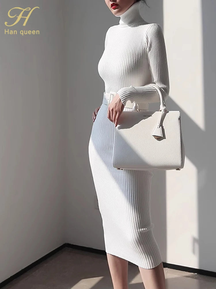 H Han Queen Knitted Turtleneck Sweater Bodycon Dress Bottoming Women Soft Elastic Autumn Winter Midi Party Dresses With Belt