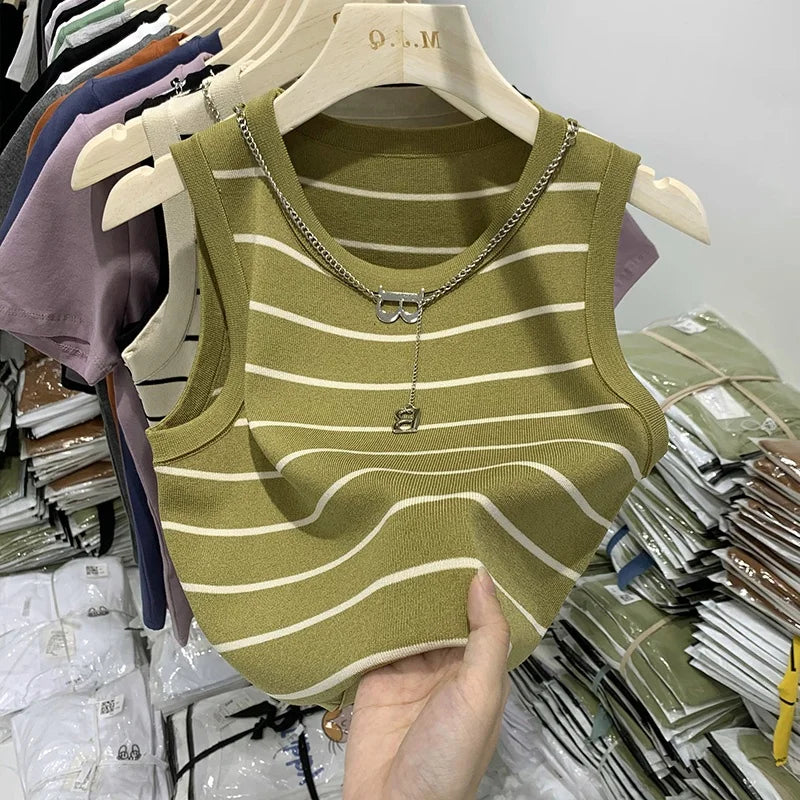 AOSSVIAO 2026 New Waistcoat Women Wear Striped Wide Edge Temperament Summer Top Short Knit Sleeveless Bottom Shirt