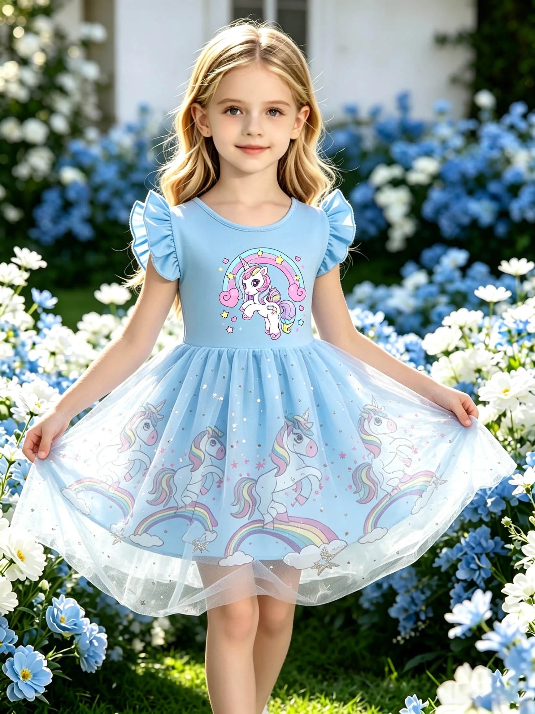 Light Blue Crown Cloud Unicorn Flutter Sleeve Dress for Girls, Star Tulle Puffy Princess Dress