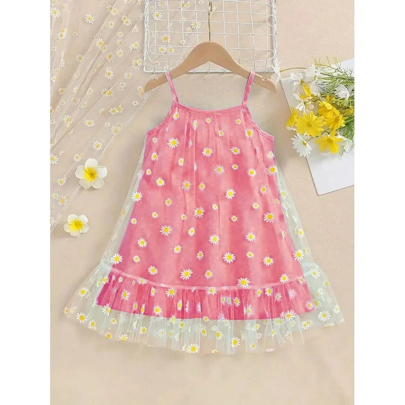 Girls Summer Dress Elegant Daisy Print Mesh Layered Strap Ruffle Bottom Outfit Yellow Green Blue - Children's Clothing