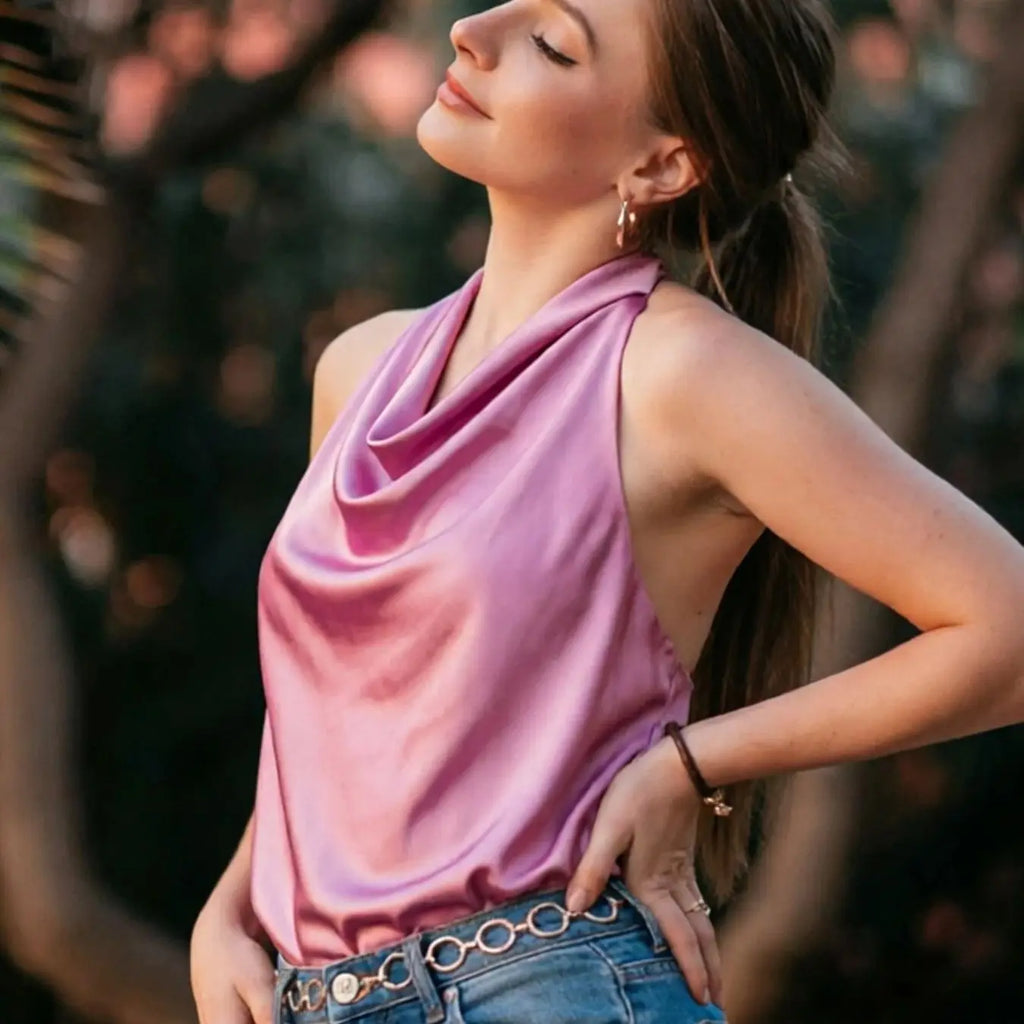 HXAO Halter Neck Women's Top Off Shoulder Satin Crop Top Women Summer Sexy Backless Tank Party Tops Y2K Aesthetic Camisole