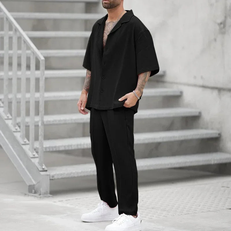 Summer Men's Sets Clothing Casual Loose Lapel Button Shirt And Pants Sets Solid Short Sleeve 2 Pcs Suits For Men Leisure Outfits
