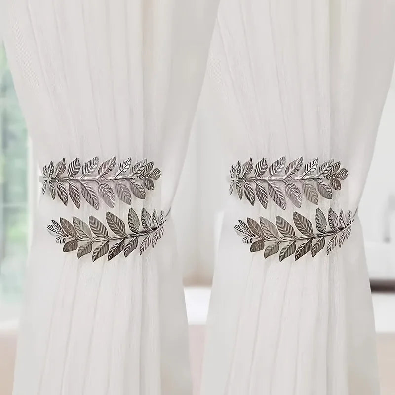 2 metal leaf curtain straps with adjustable decorative curtain rings, especially suitable for thin gauze curtains