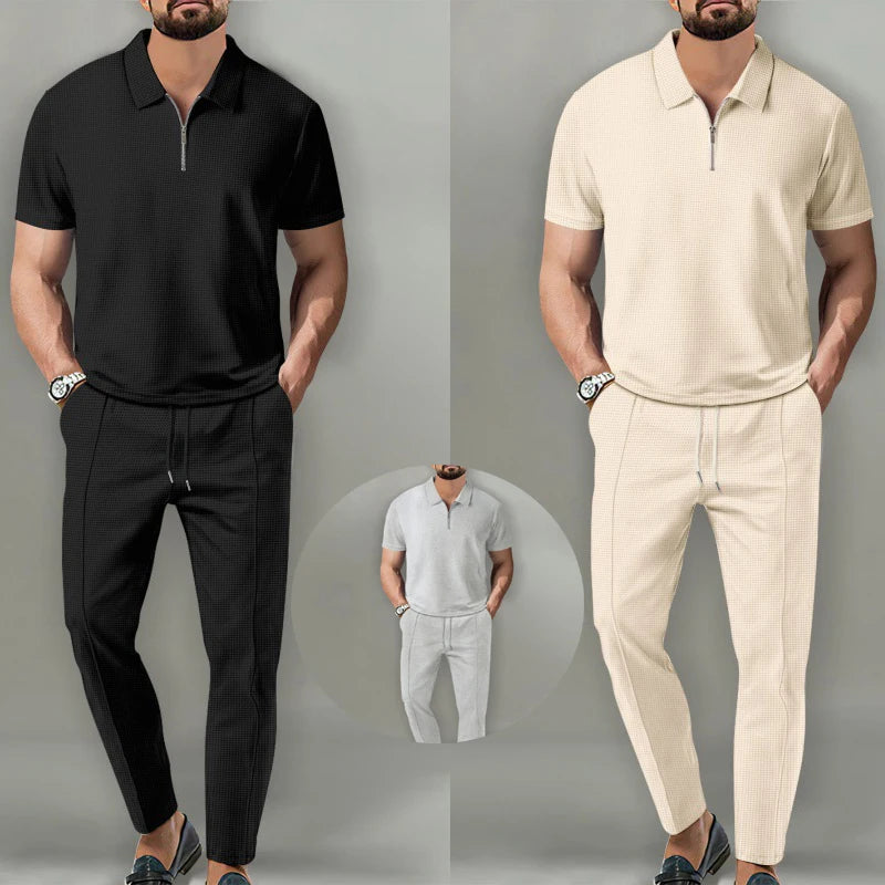 2025 Spring/Autumn New Men's Solid Color Waffle Collar Short Sleeve Zipper Pants Polo Set