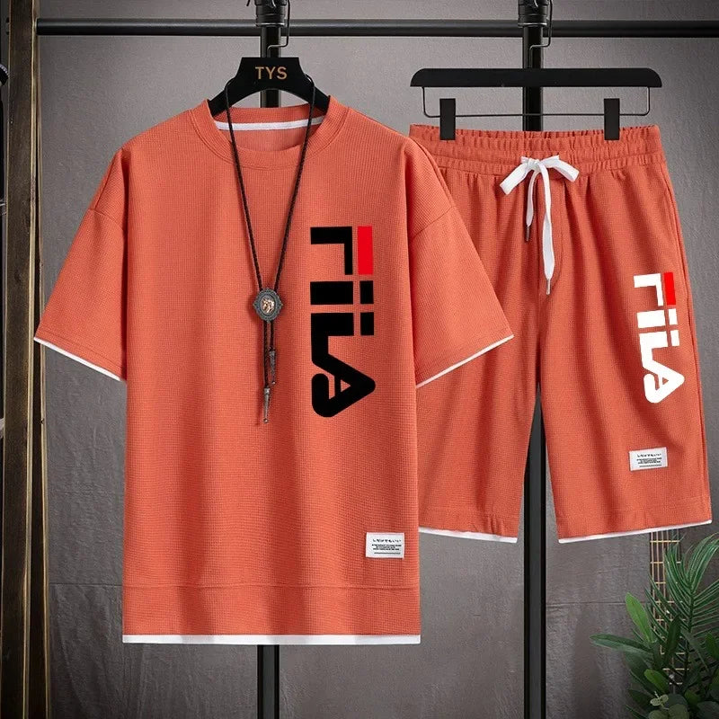Men's fashion printed T-shirt shorts set, sports and casual comfortable summer waffle set