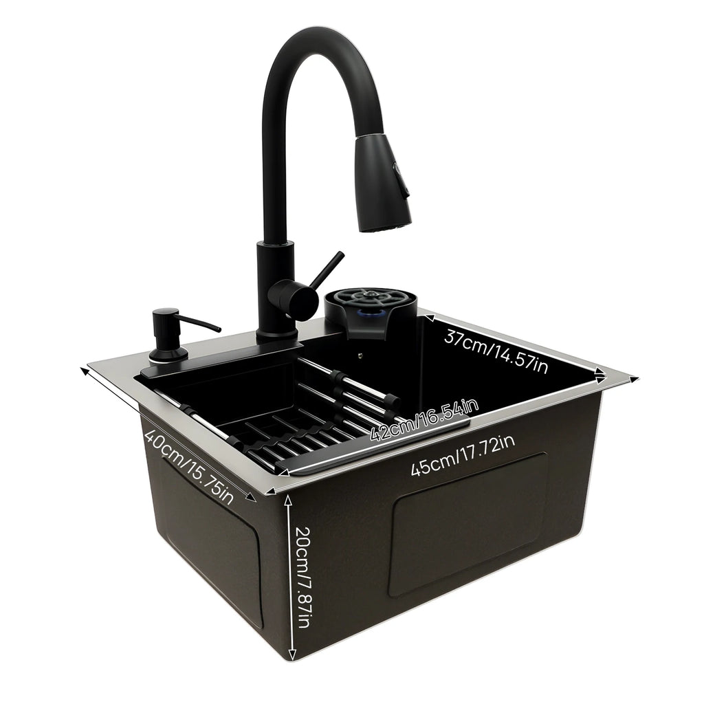 45x40cm Black Kitchen Sink Multi-functional with Pull-Out Faucet, Cup Rinser, Basket, Soap, Stainless Steel Single Bowl Pipe Set
