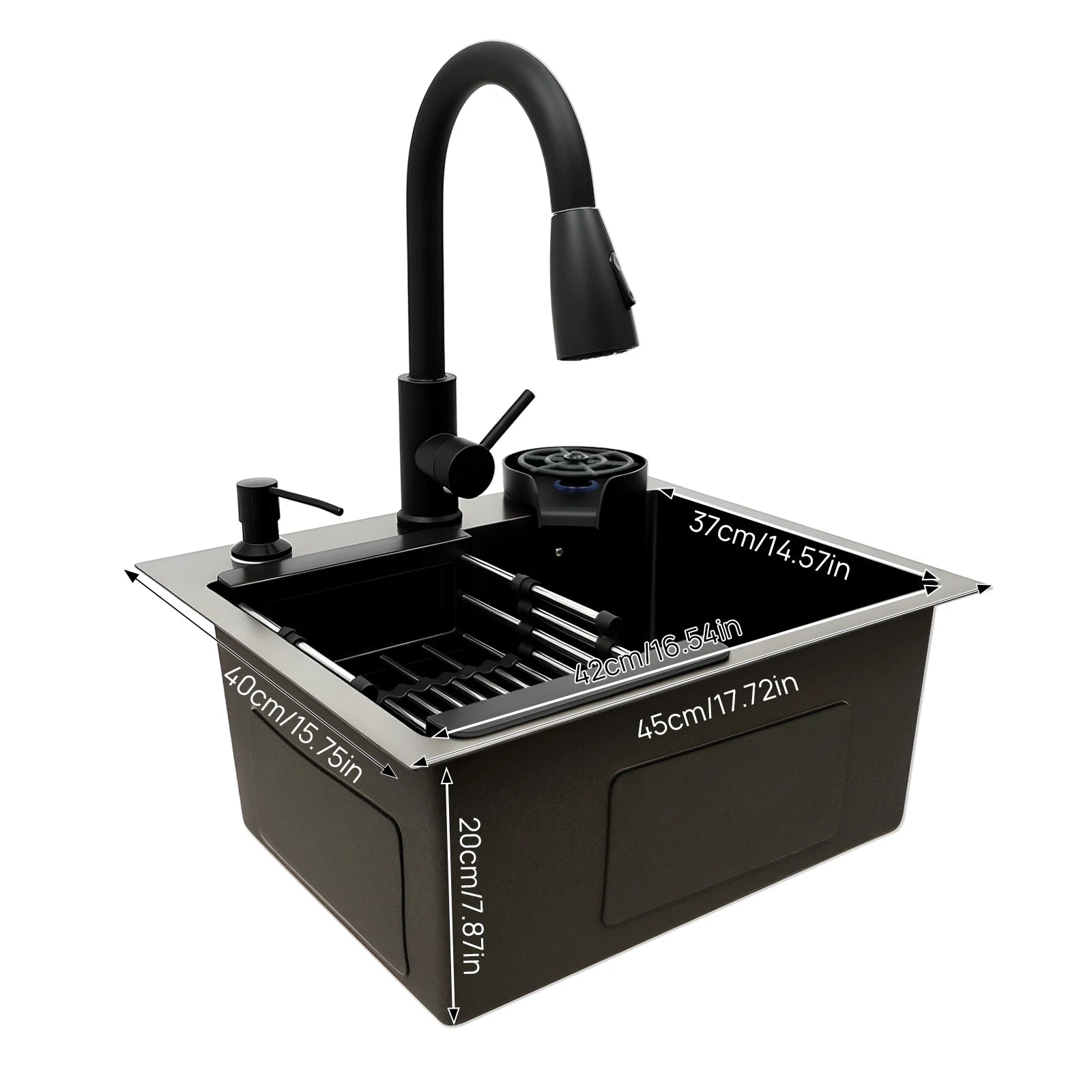 45x40cm Black Kitchen Sink Multi-functional with Pull-Out Faucet, Cup Rinser, Basket, Soap, Stainless Steel Single Bowl Pipe Set