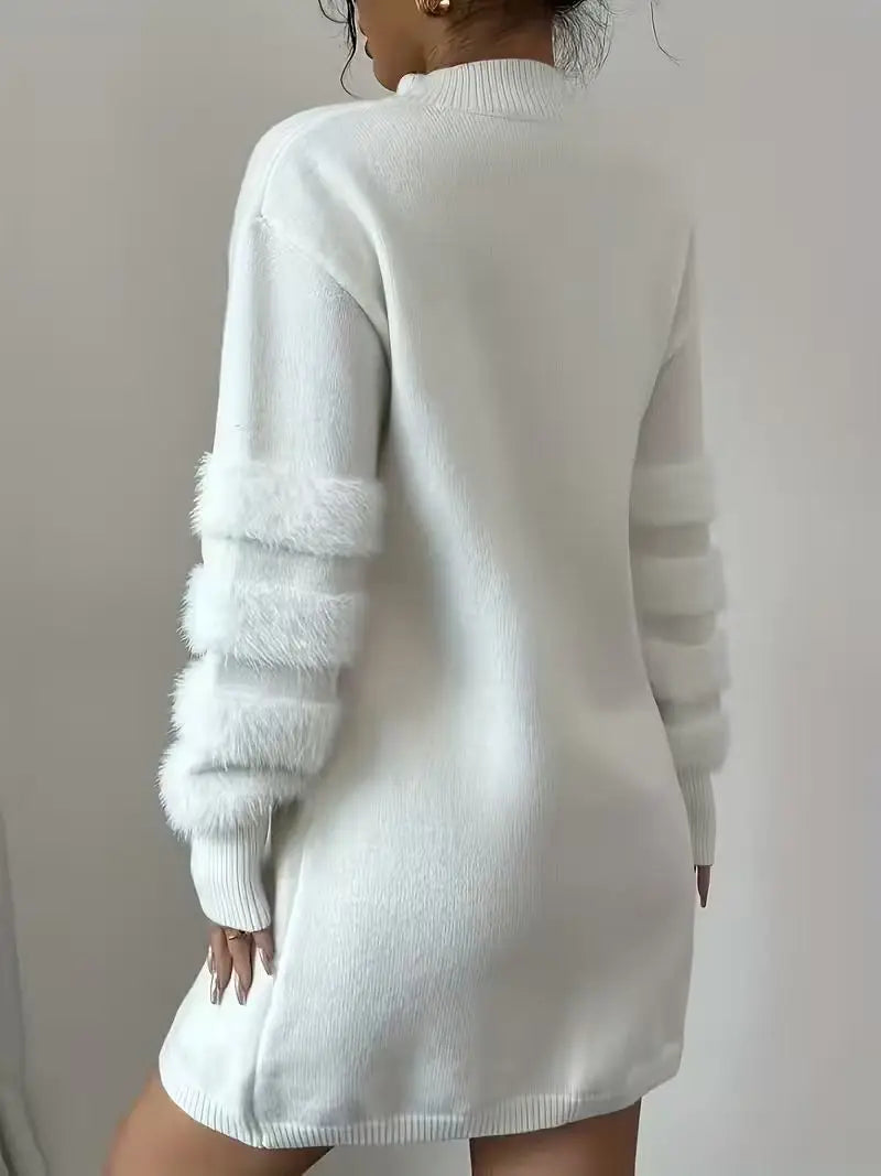 Women's Casual Solid-Color Stand-Collar Loose-Fit Knit Patchwork Dress, Belt Not Included, Fall/Winter Women's Apparel