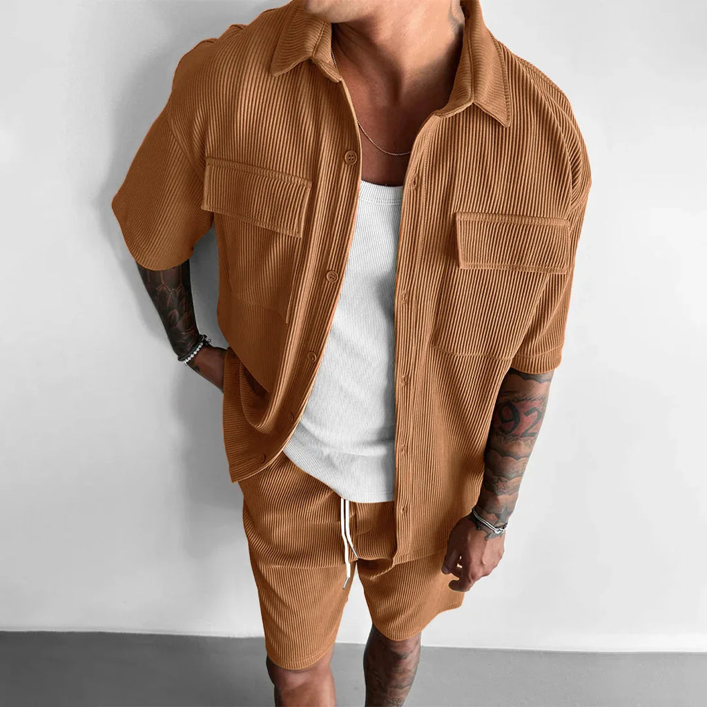 Summer Corduroy Men's Set Hawaii Men's Short sleeve Sports Set Casual Corduroy Shirt+Shorts 2-Piece Set Trendy Streetwear K-pop