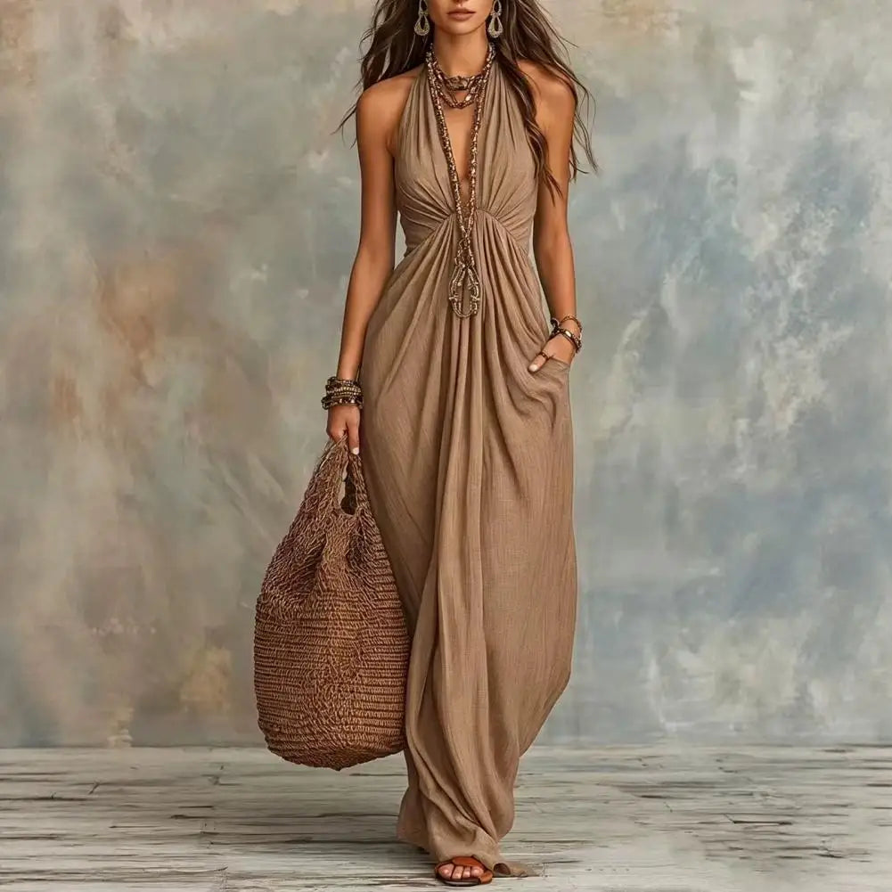 Women Dress with Hidden Side Pockets, Deep V Neck Sleeveless Beach Sundress, Summer Flowy Maxi Dress with Pockets