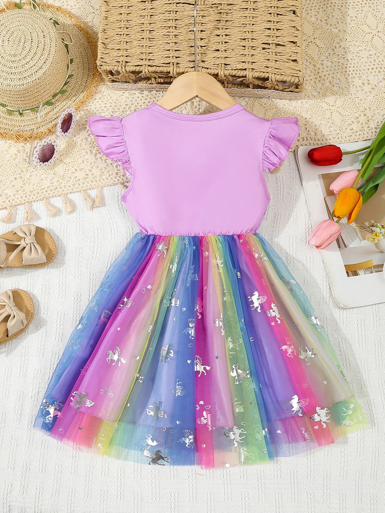 Summer Kids Baby Girl's Dress Cute Cartoon Printed Sleeveless Princess Dress Colorful Mesh Kids Ball Gown Baby Girls  Clothes
