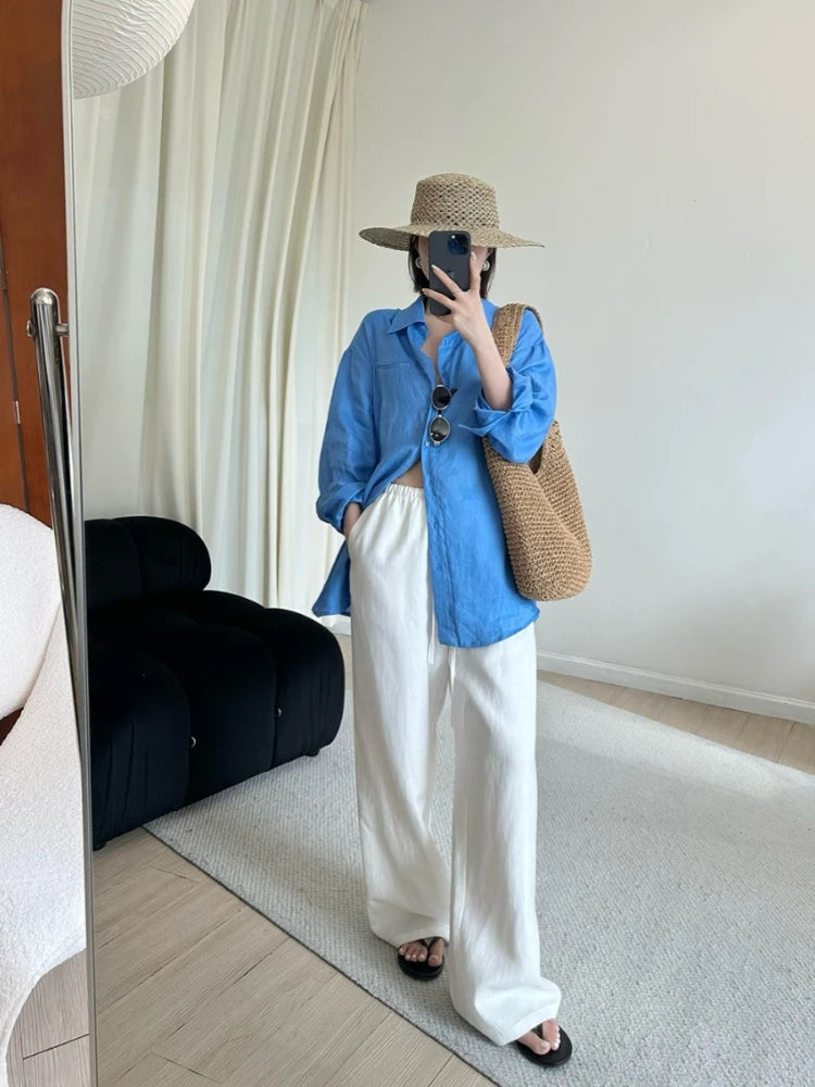 Slack Linen Wide-leg Pants Summer Loose Versatile Drawstring Straight White Casual Trousers Korean Fashion 2026