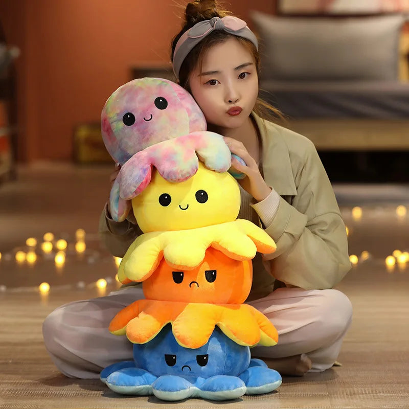 18/28/48cm Cute Reversible Mood Octopus Plush Toy Double Sided Flip Octopus Pillow Soft Stuffed Animal Doll Home Room Decor Gift