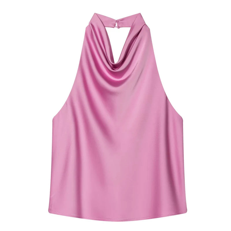 HXAO Halter Neck Women's Top Off Shoulder Satin Crop Top Women Summer Sexy Backless Tank Party Tops Y2K Aesthetic Camisole