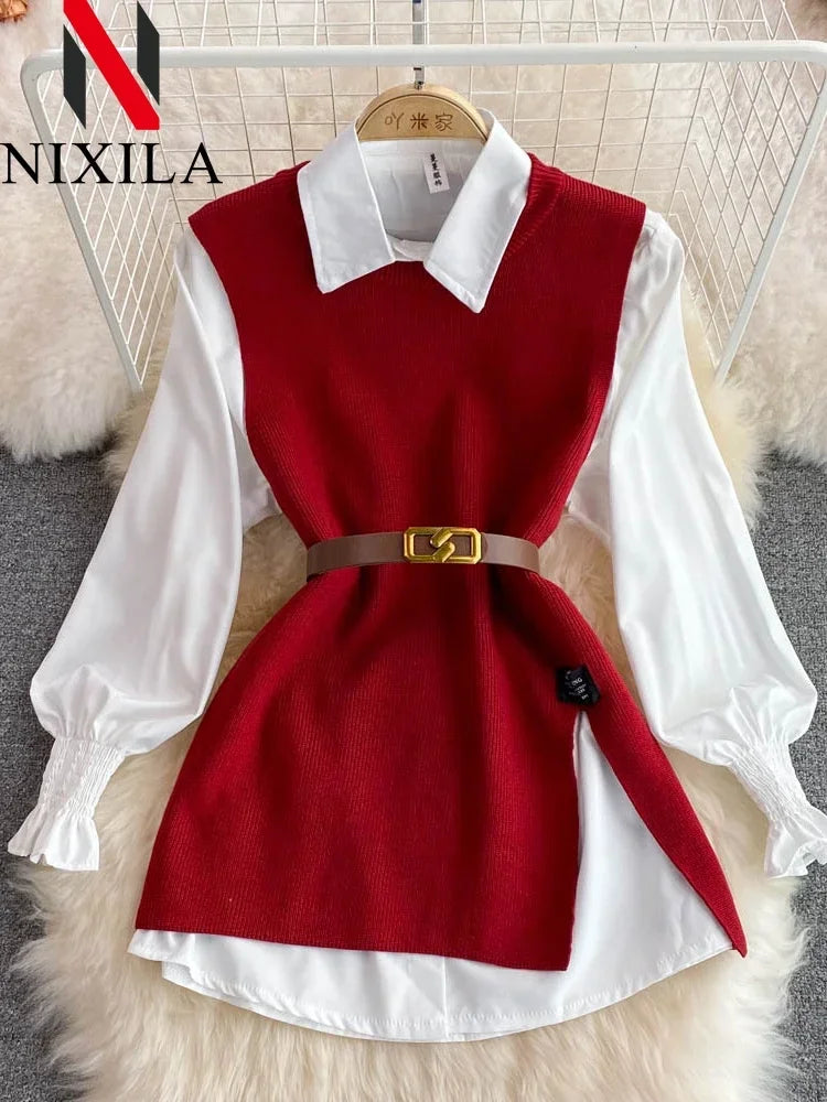 Women's Chic Age-Reducing 2-Piece Set Long Sleeve White Shirt Sweater Loose Fit Knit Vest Pullover Spring Autumn Fashion