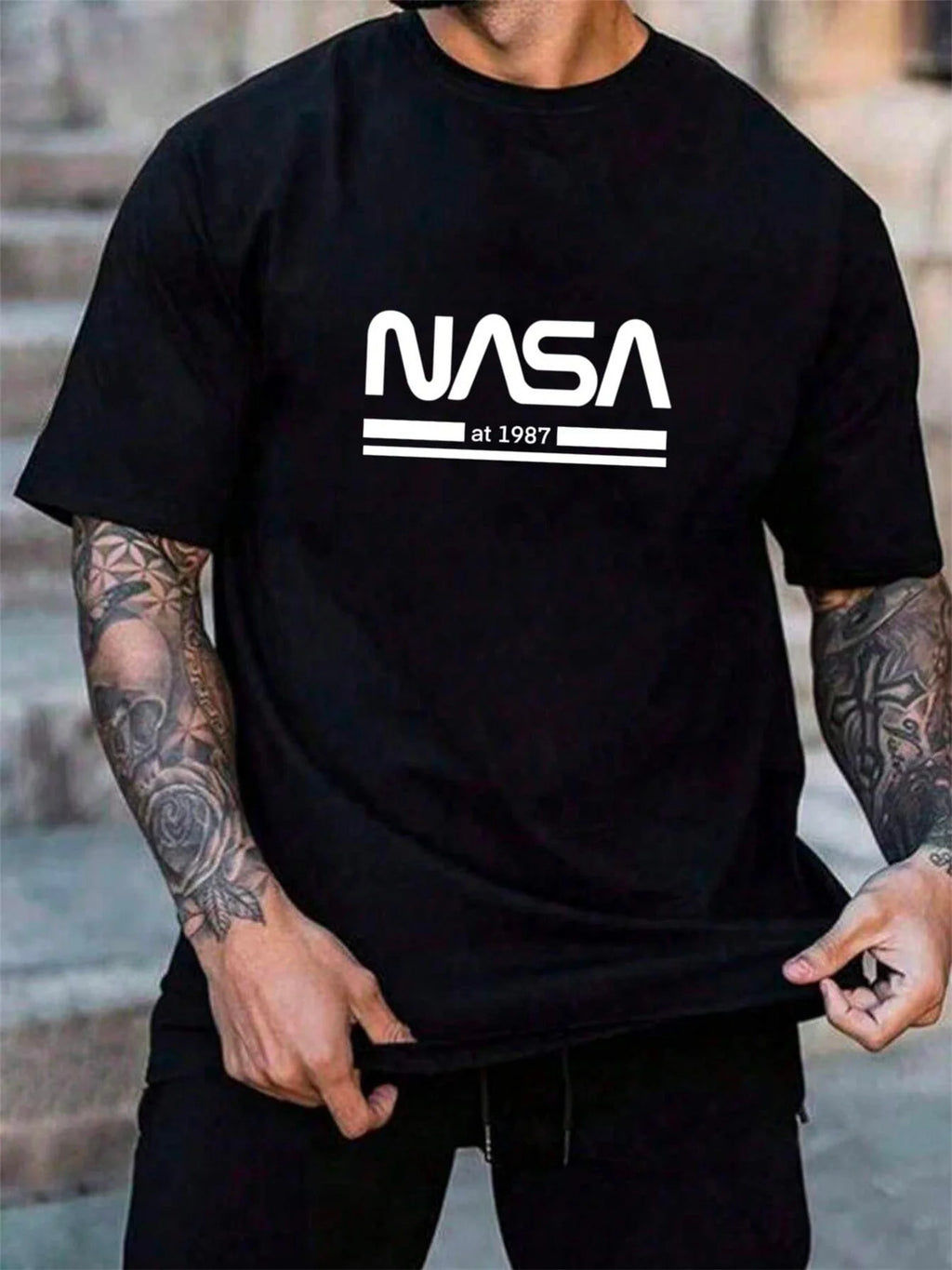 Men's summer fashionable casual loose fit plus size letter pattern printed sports round neck short sleeved T-shirt