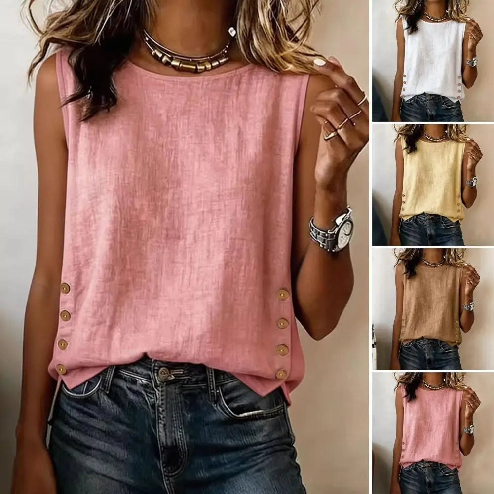 Women's Casual Linen Cotton Tank Top Round Neck Sleeveless Button Side Summer Tee