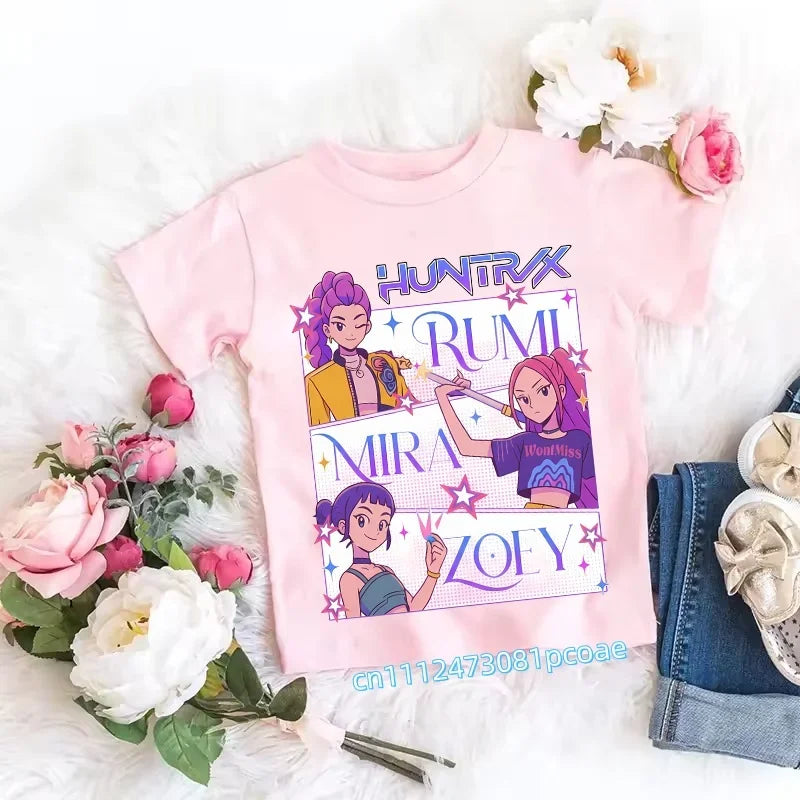 2026 Children's K-pop Demon Hunters T-shirt, a clothing item featuring anime cartoon patterns, a girls' casual top, gift options