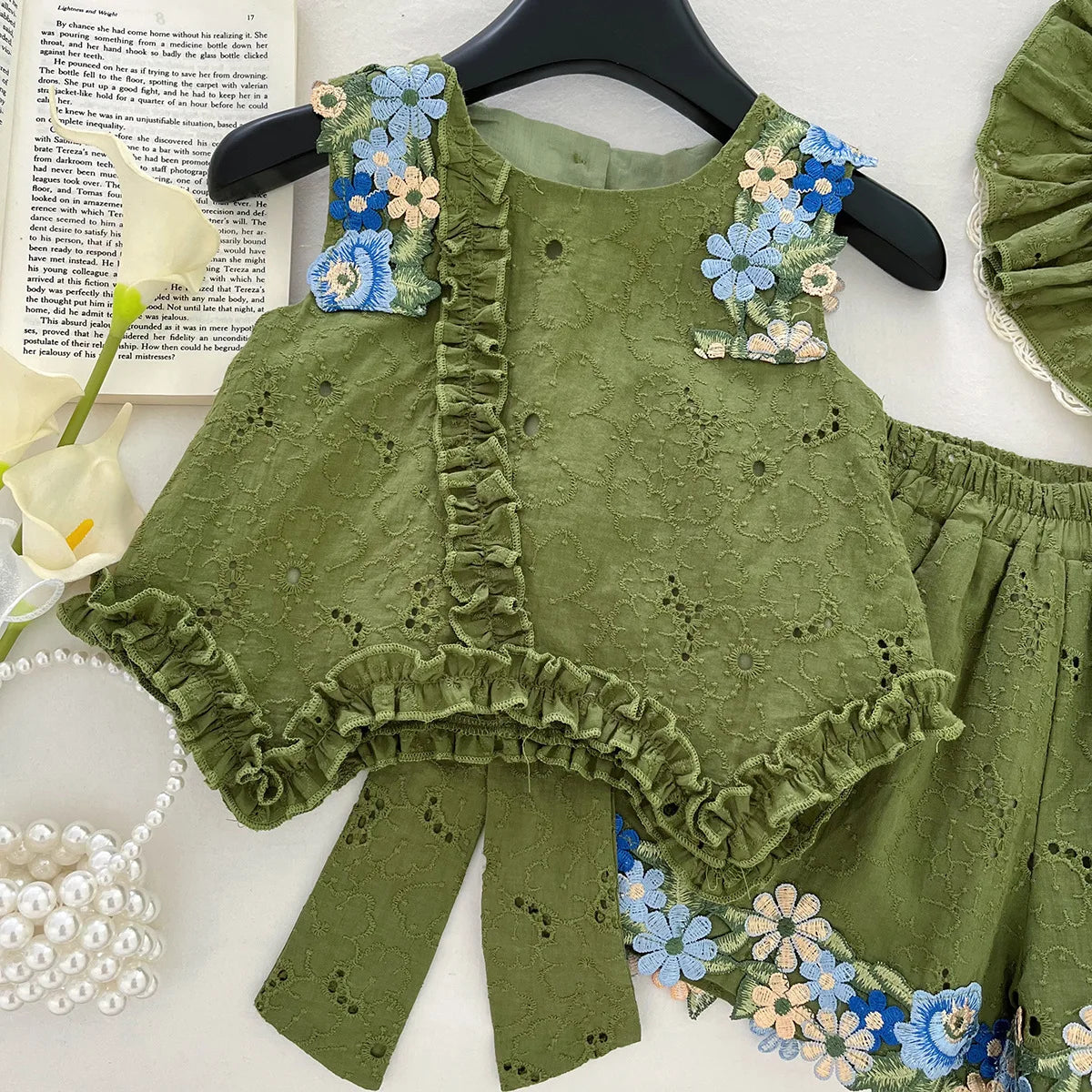 2025 Summer New Style Baby Girls' Suit Flower Big Bow Sleeveless Top Fashion and Beautiful Kids Green Two-piece Set