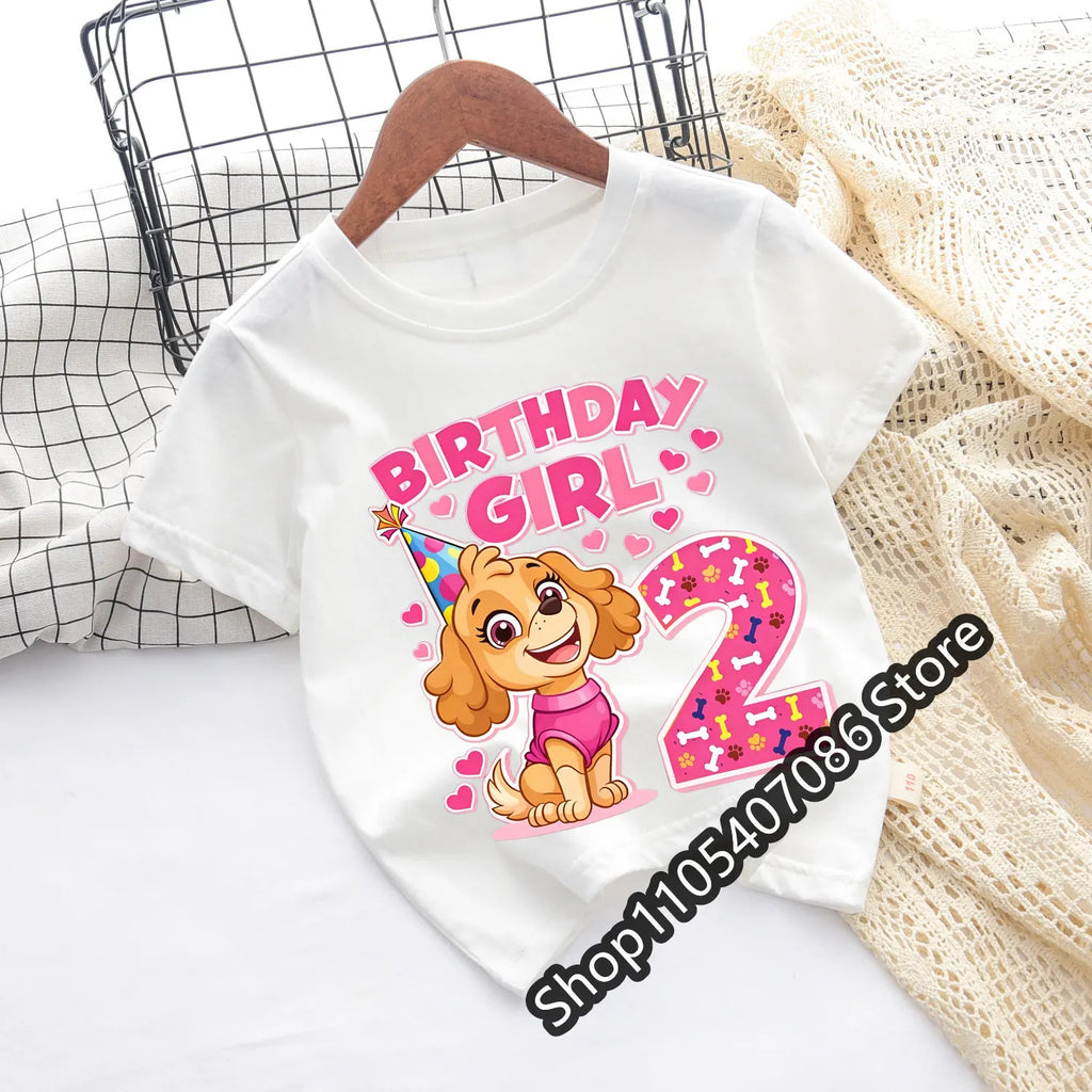 Paw Patrol Skye T-shirt Children Birthday Number Tee Top Girls Pink Clothes Cartoon Anime Short Sleeve Kids Loose Clothing Gift