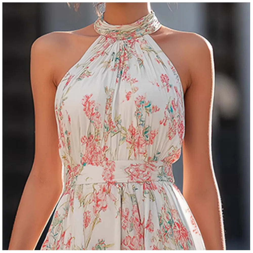 Summer New Fashion Floral Sexy Halterneck Women's Dress Elegant Slim Temperament Big Swing Female Holiday Sleeveless Dress 2026