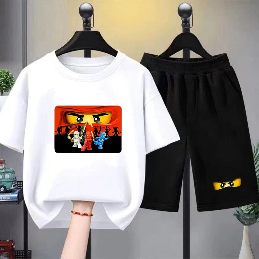 Summer T-Shirt Boy Girls Red Casual TShirt+Shorts Sets Ninja Printed Kids Outfits Teen Children's Short Sleeve Tops