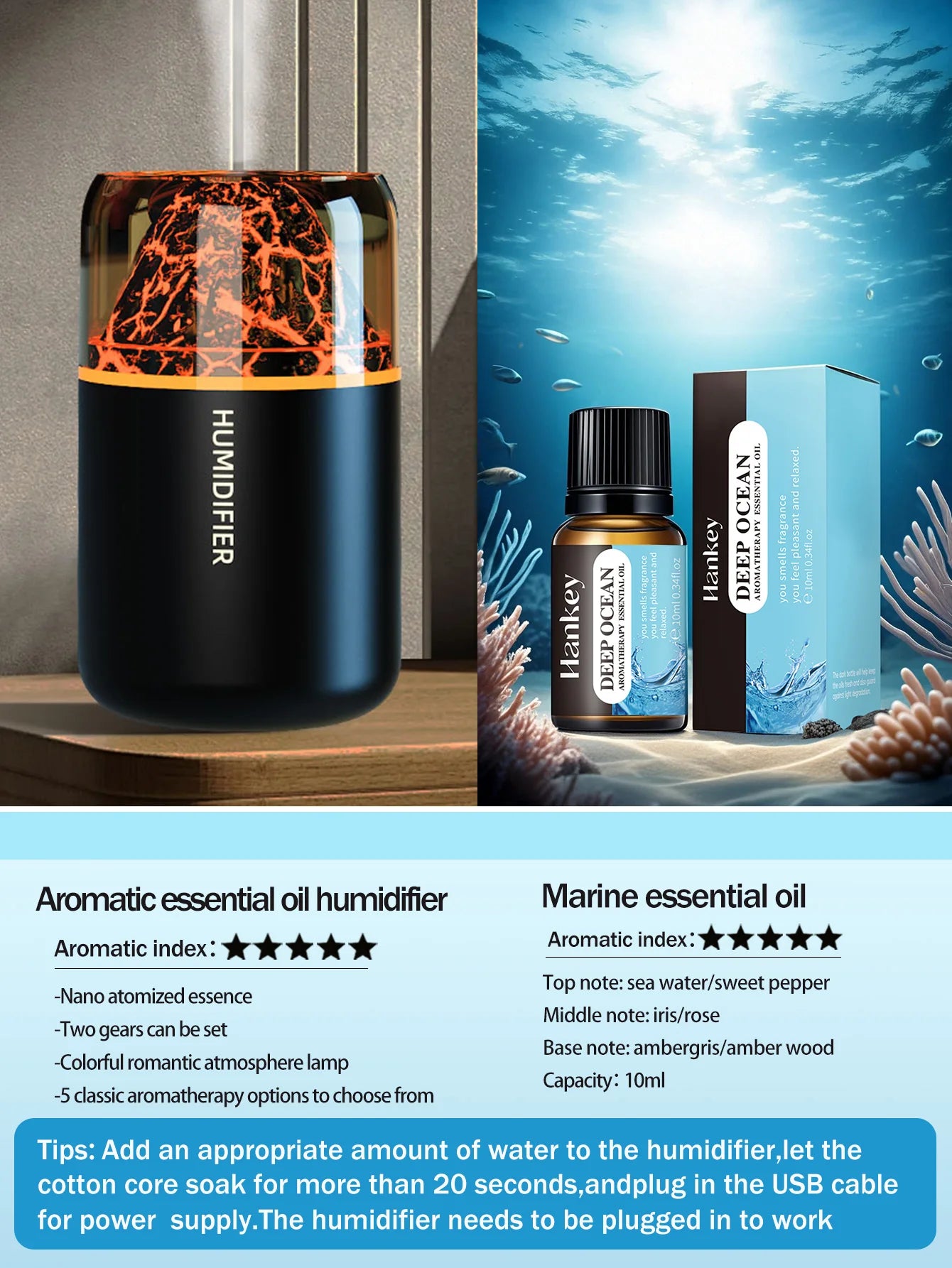 The simulated volcanic color lamp humidifier USB aromatherapy diffuser is suitable for use in cars, homes, bedrooms, as a gift,