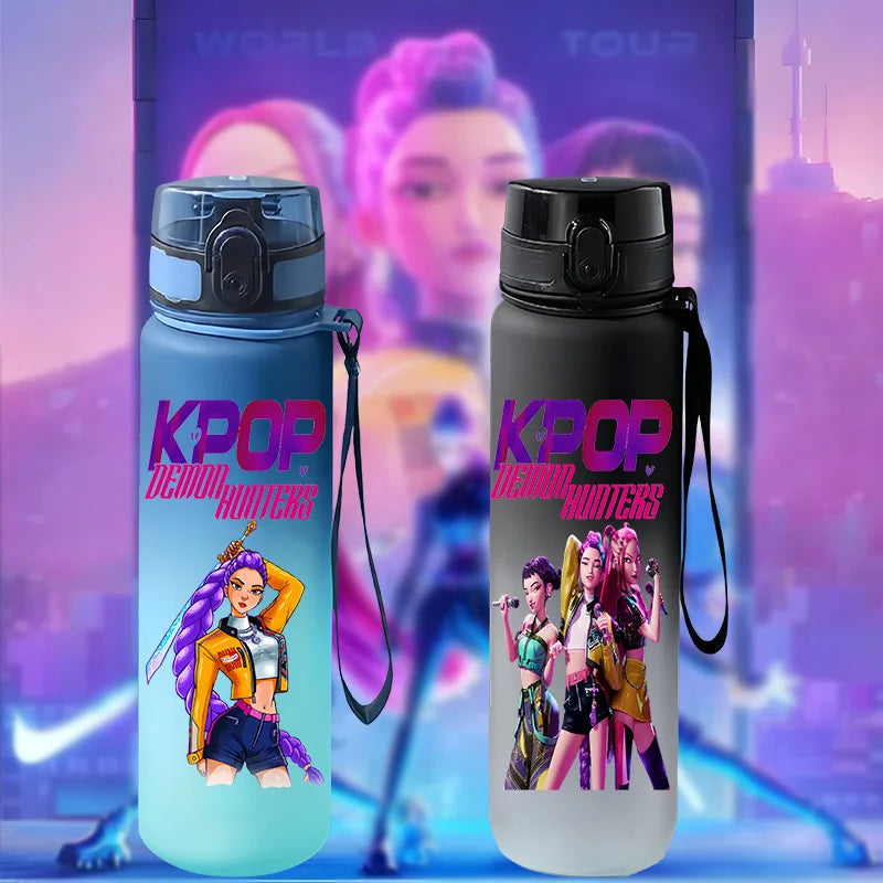 650ml KPOP Demon Hunters Sports Water Bottle Gradient Frosted Leak Proof Pop Up Lid Portable Strap Plastic Water Cup