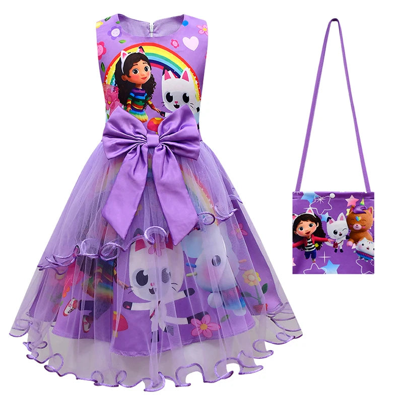 Gabby's Dollhouse Kids Summer Gabby Cats Dress Baby Girls Cute Lace Princess Dress Toddler Girls Birthday Party Dresses Headwear