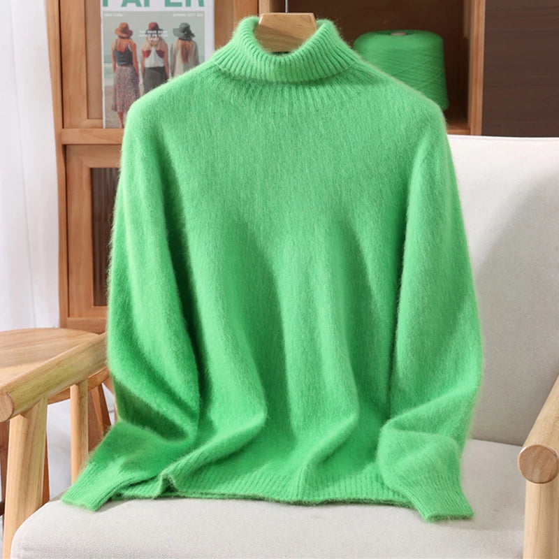 2025 Autumn/Winter New Women's 100% Mink Fur High Collar Sweater With Thick Pullover knit Sweater, Solid Color, High-End Fashion