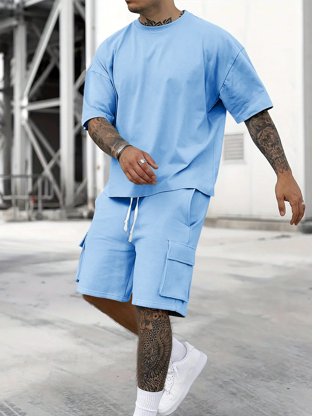 Men's Summer Casual 2-Piece Outfit Set Loose Fit Short Sleeve T-Shirt and Cargo Shorts Streetwear Tracksuit Men Fashion Gym Wear