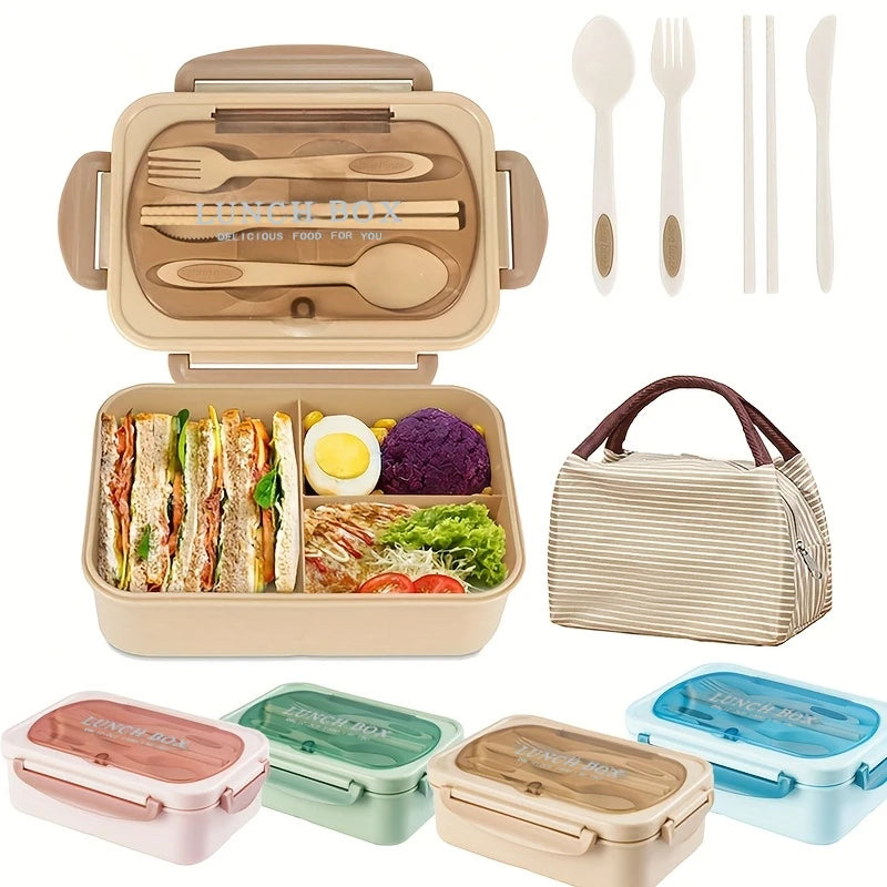 Adult set bento box, 3 compartments, cannot be placed in microwave or dishwasher (with knife, fork, spoon, and chopsticks)