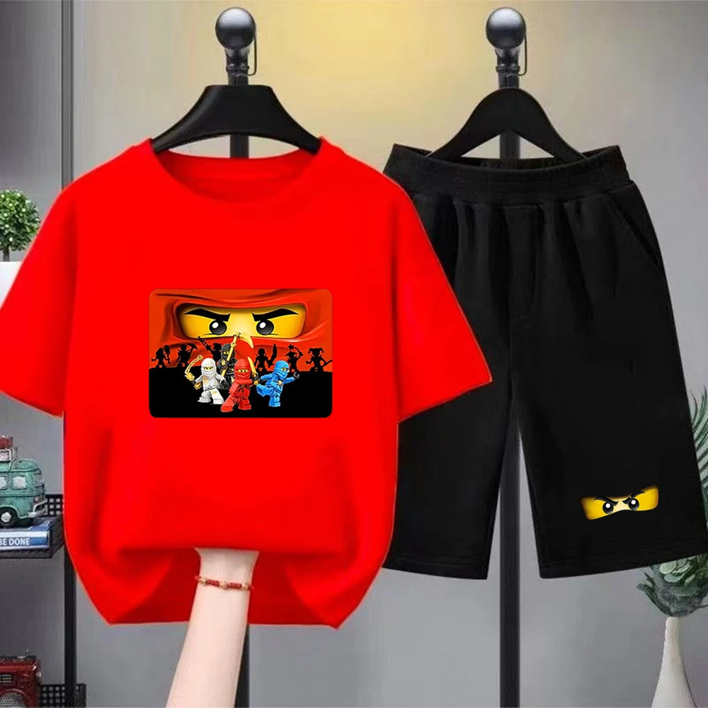 Summer T-Shirt Boy Girls Red Casual TShirt+Shorts Sets Ninja Printed Kids Outfits Teen Children's Short Sleeve Tops