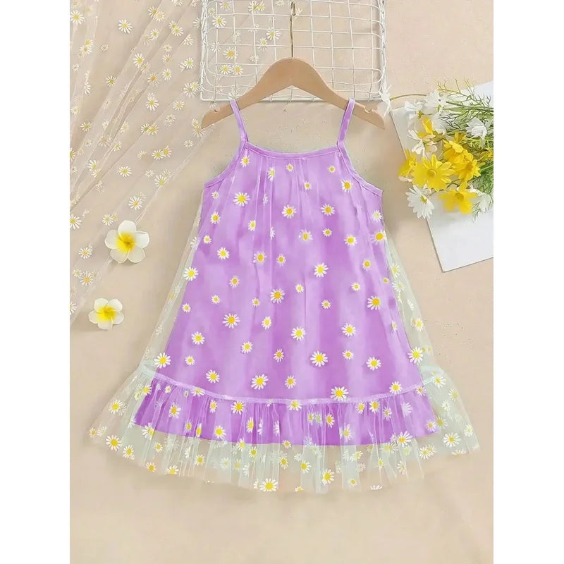 Girls Summer Dress Elegant Daisy Print Mesh Layered Strap Ruffle Bottom Outfit Yellow Green Blue - Children's Clothing