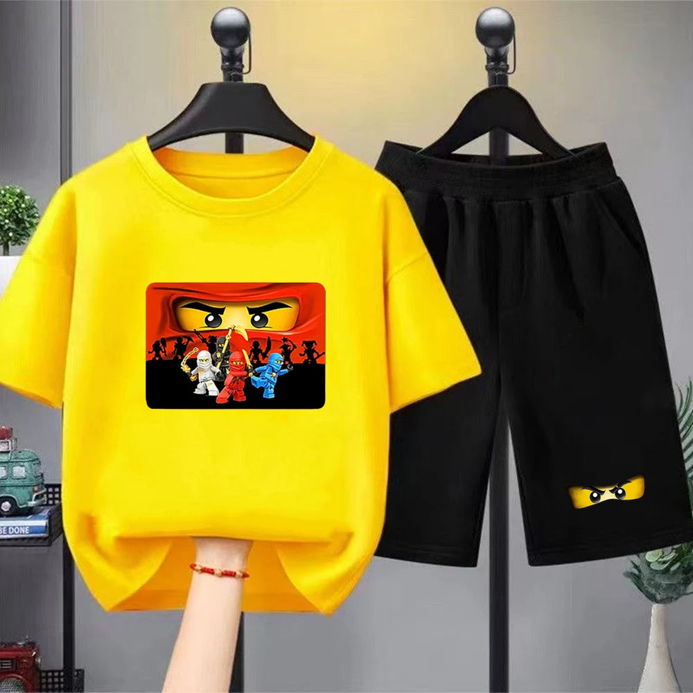 Summer T-Shirt Boy Girls Red Casual TShirt+Shorts Sets Ninja Printed Kids Outfits Teen Children's Short Sleeve Tops