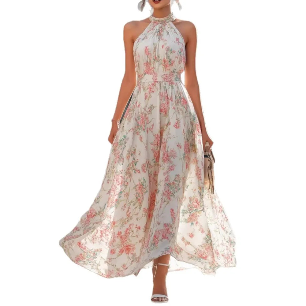 Summer New Fashion Floral Sexy Halterneck Women's Dress Elegant Slim Temperament Big Swing Female Holiday Sleeveless Dress 2026