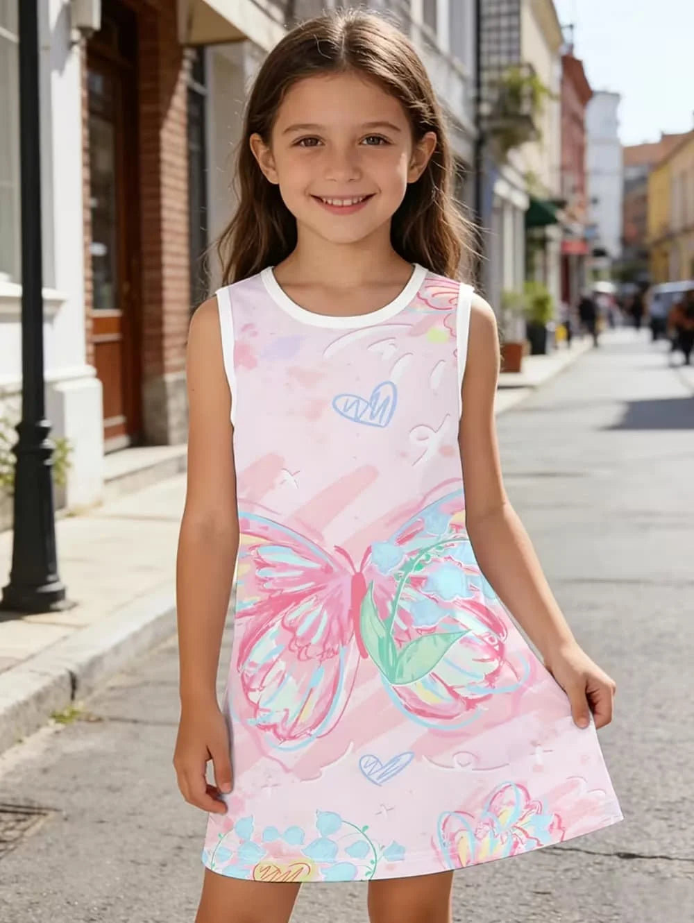 Summer Beach Vibes Pattern Girls' Vibrant Fashion Digital Print Sleeveless Camisole Dress Holiday Vacation Beach Girl Vest Dress