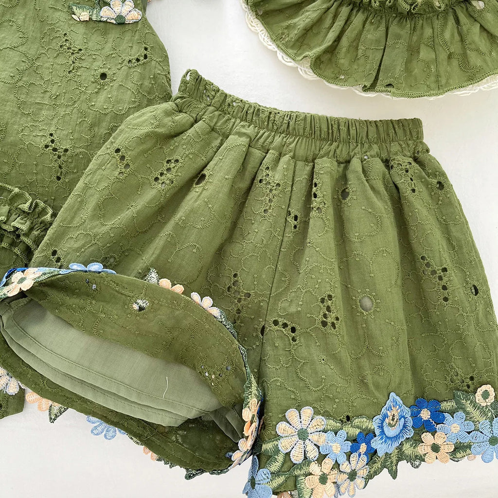 2025 Summer New Style Baby Girls' Suit Flower Big Bow Sleeveless Top Fashion and Beautiful Kids Green Two-piece Set