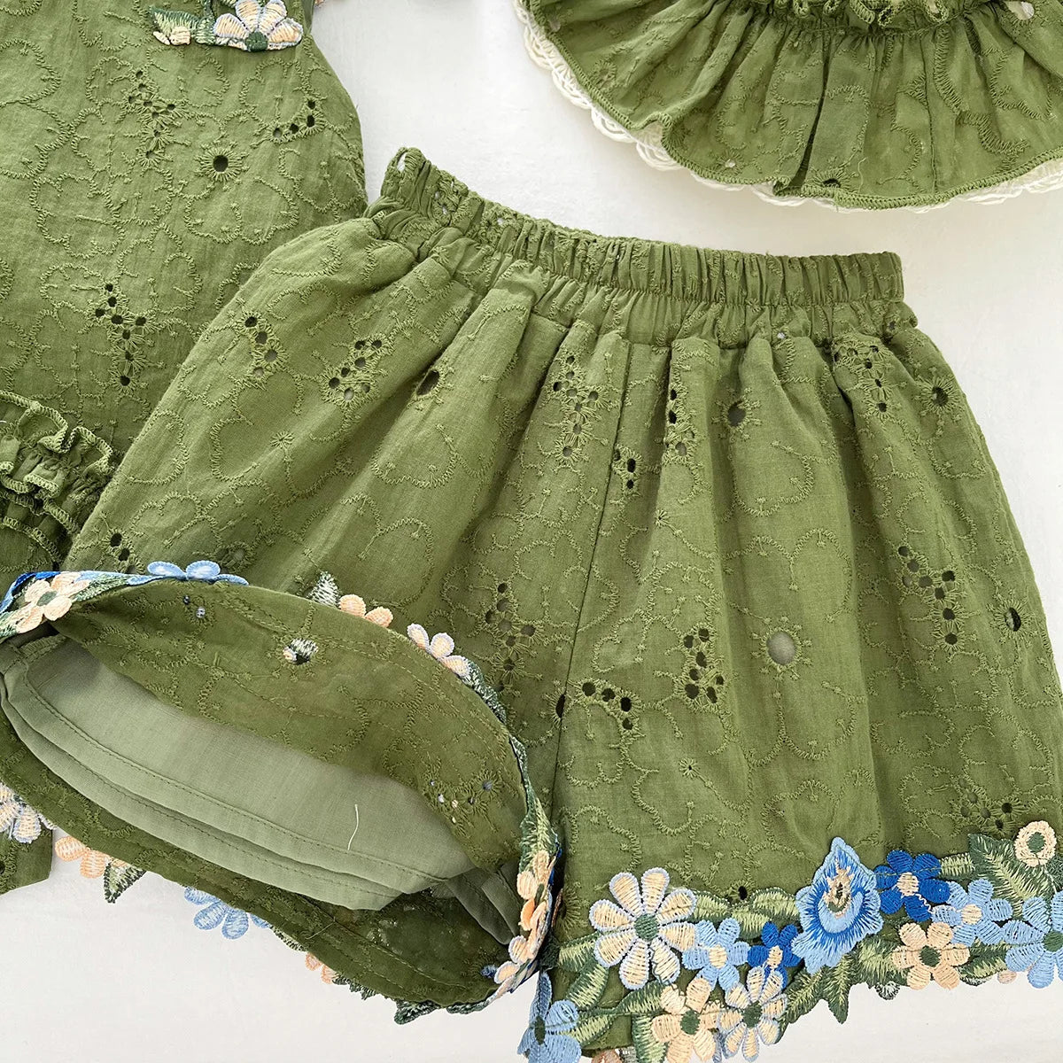 2025 Summer New Style Baby Girls' Suit Flower Big Bow Sleeveless Top Fashion and Beautiful Kids Green Two-piece Set
