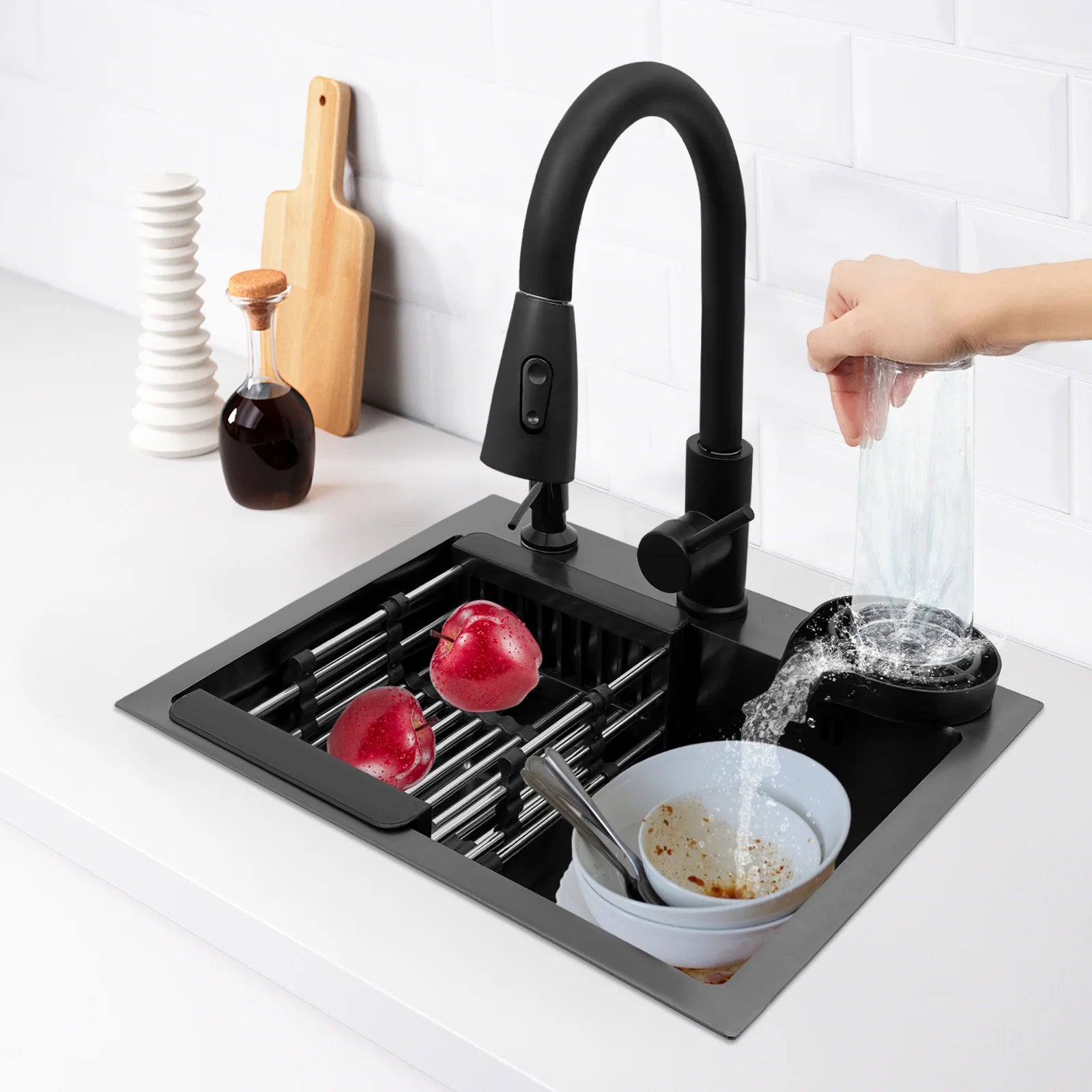 45x40cm Black Kitchen Sink Multi-functional with Pull-Out Faucet, Cup Rinser, Basket, Soap, Stainless Steel Single Bowl Pipe Set