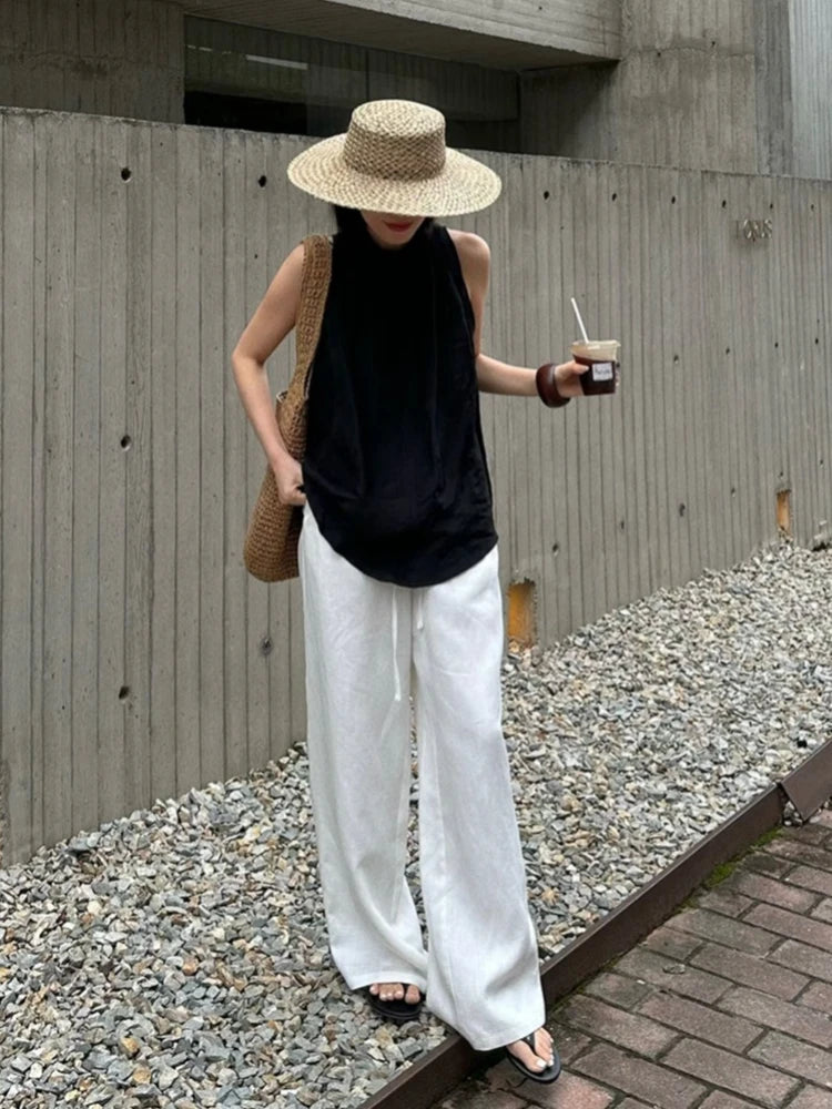 Slack Linen Wide-leg Pants Summer Loose Versatile Drawstring Straight White Casual Trousers Korean Fashion 2026