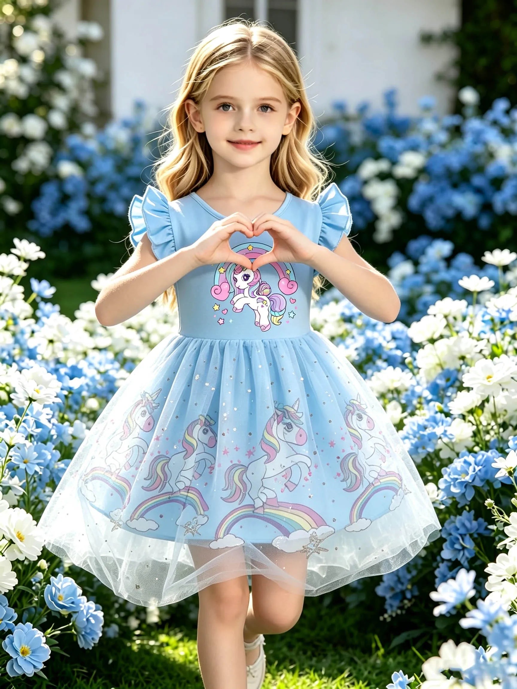 Light Blue Crown Cloud Unicorn Flutter Sleeve Dress for Girls, Star Tulle Puffy Princess Dress