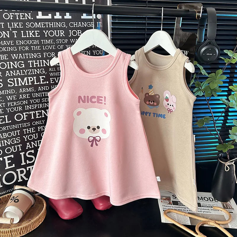 2026 New 1-6Y Childrens Dress Cute Cartoon Printed Sleeveless Girls Dress Pure Color Loose A-line Skirt for Girls
