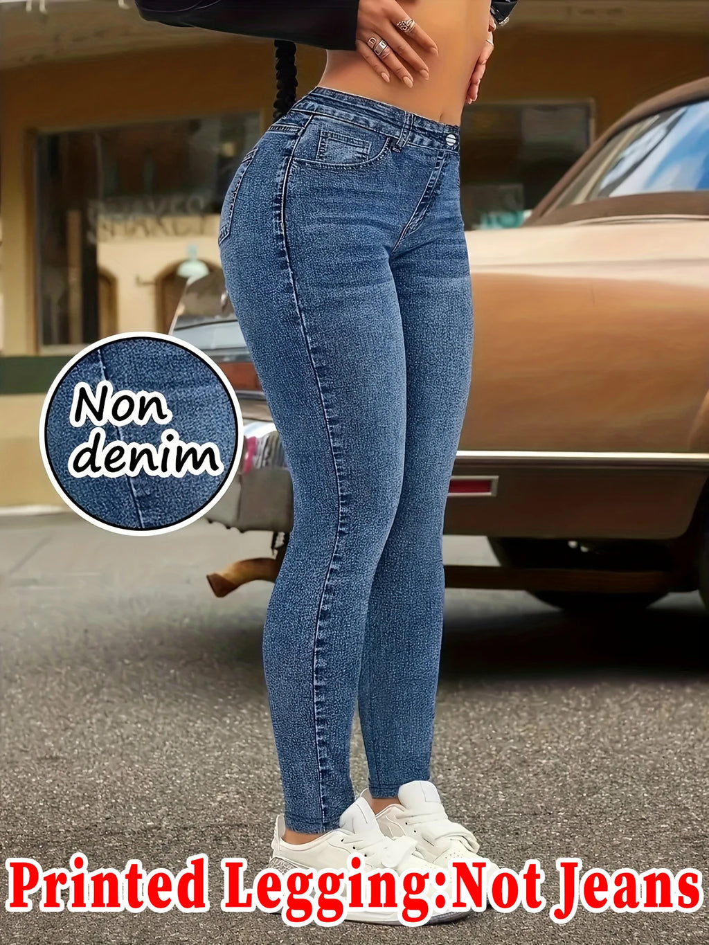 Fashion Women Faux Denim Printed Skinny Pants, High Elastic Seamless Fake Pocket Casual Sports Long Leggings