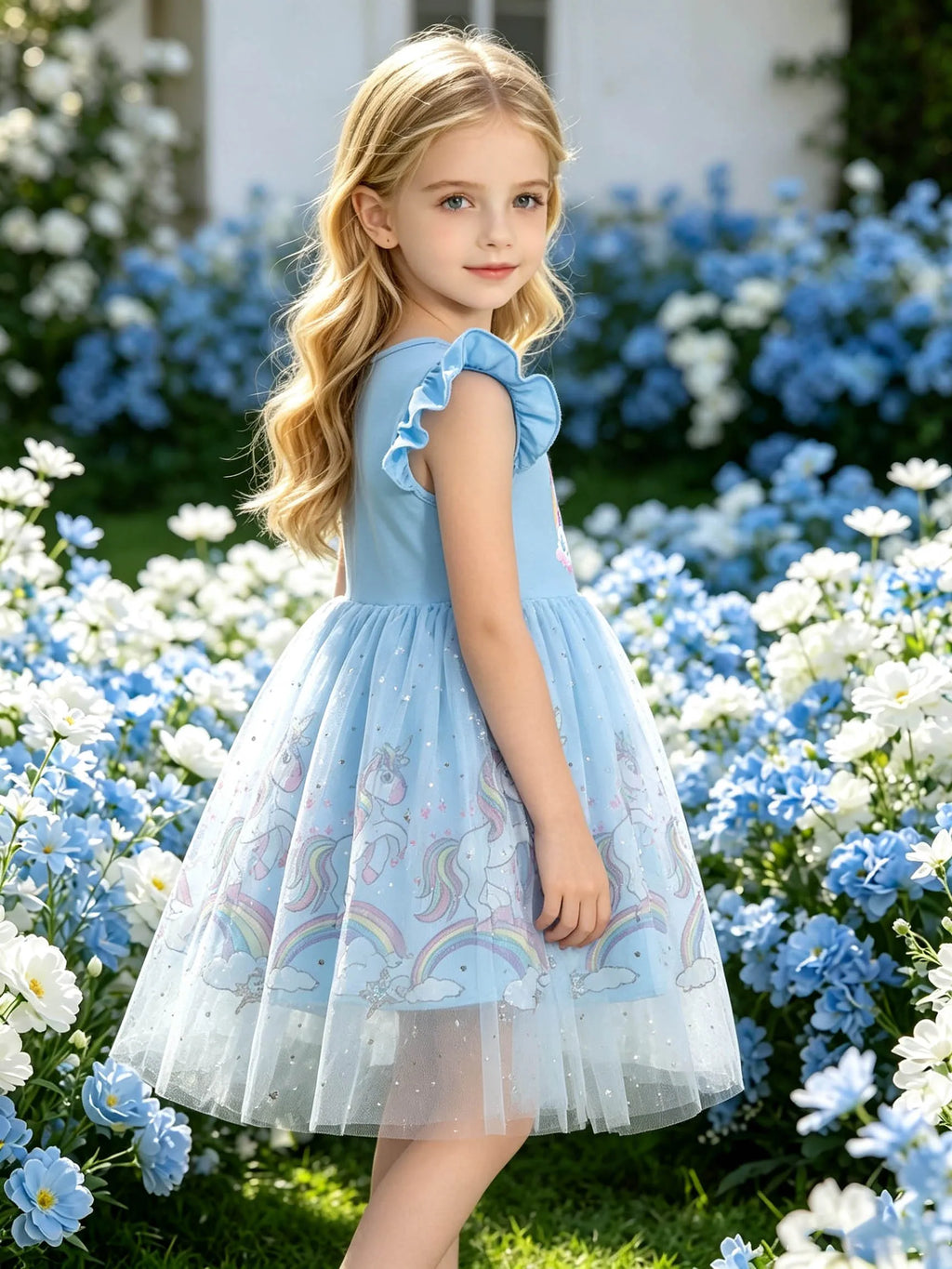 Light Blue Crown Cloud Unicorn Flutter Sleeve Dress for Girls, Star Tulle Puffy Princess Dress