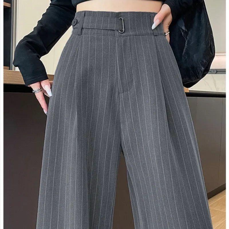 2025 New Autumn Vintage Striped Loose Women's Wide Leg Pant Button Spring High Waist Female Straight Office Full Length Trousers
