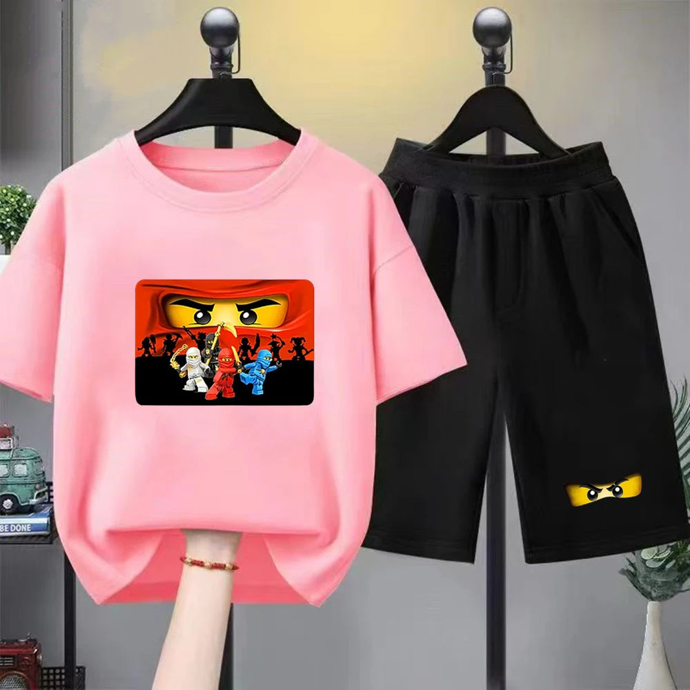 Summer T-Shirt Boy Girls Red Casual TShirt+Shorts Sets Ninja Printed Kids Outfits Teen Children's Short Sleeve Tops
